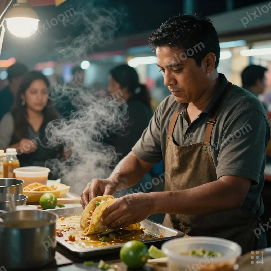 Street food vendor preparing tacos at a night market, steam,