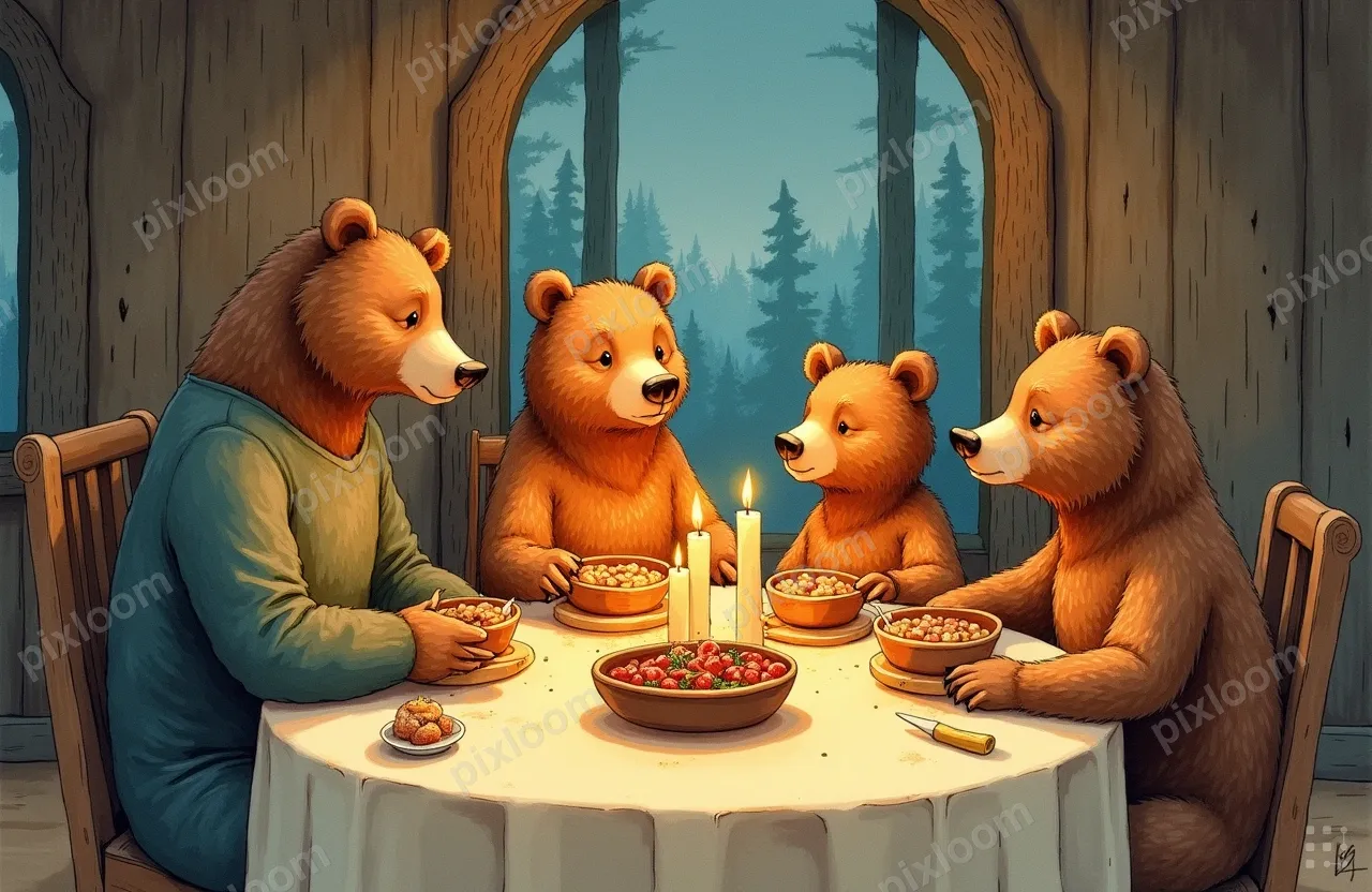 Storybook illustration of a bear family having dinner togeth