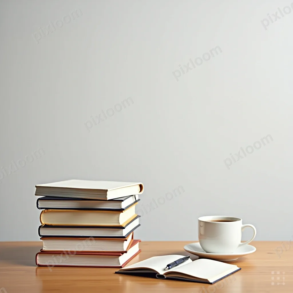 Stack of textbooks, notebook, and coffee cup on a wooden des