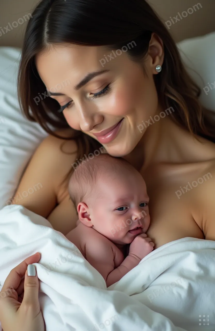 Mother and newborn skin-to-skin, soft focus, white sheets, i