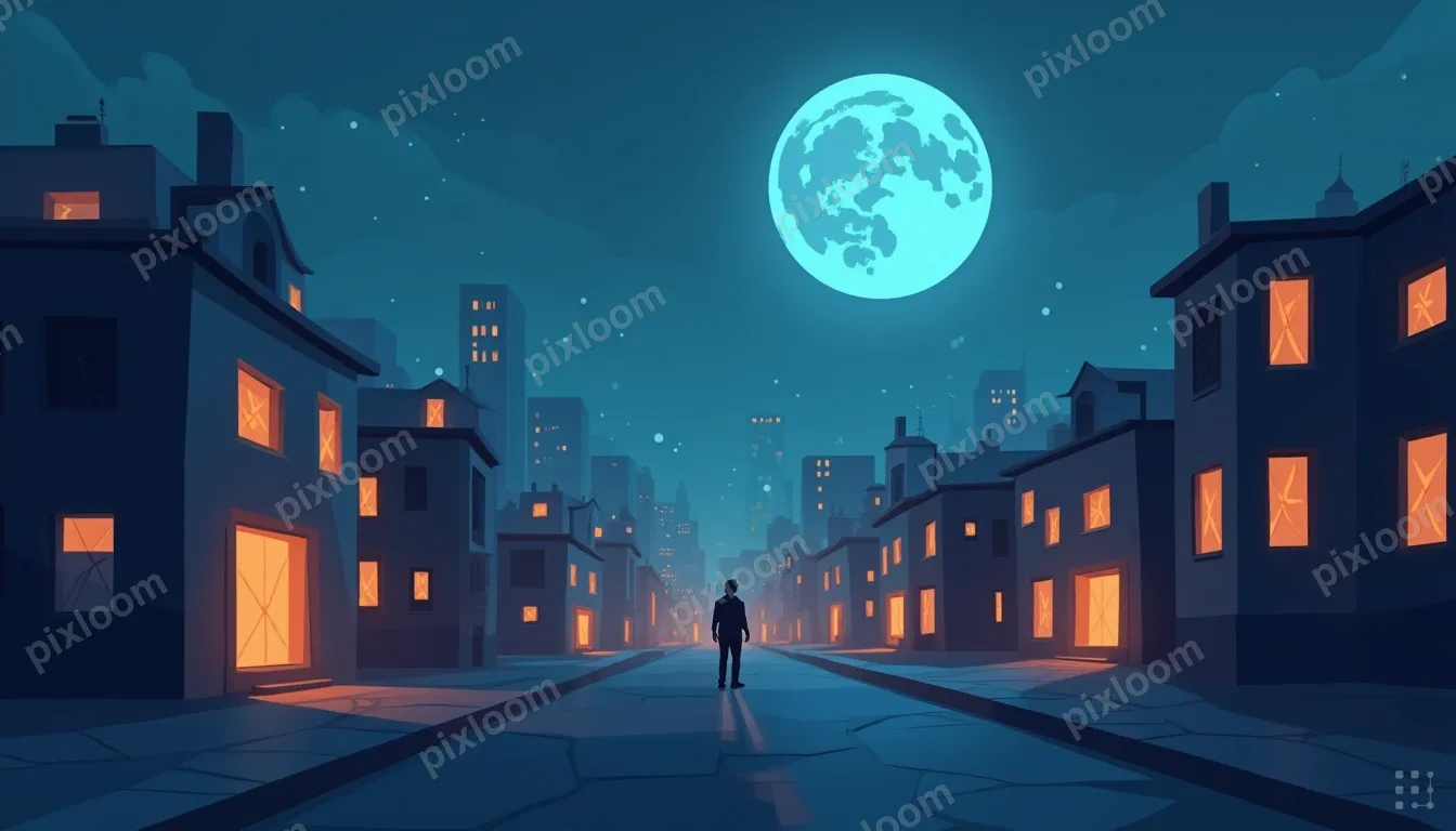 Low-poly cityscape at night, geometric buildings with warm g
