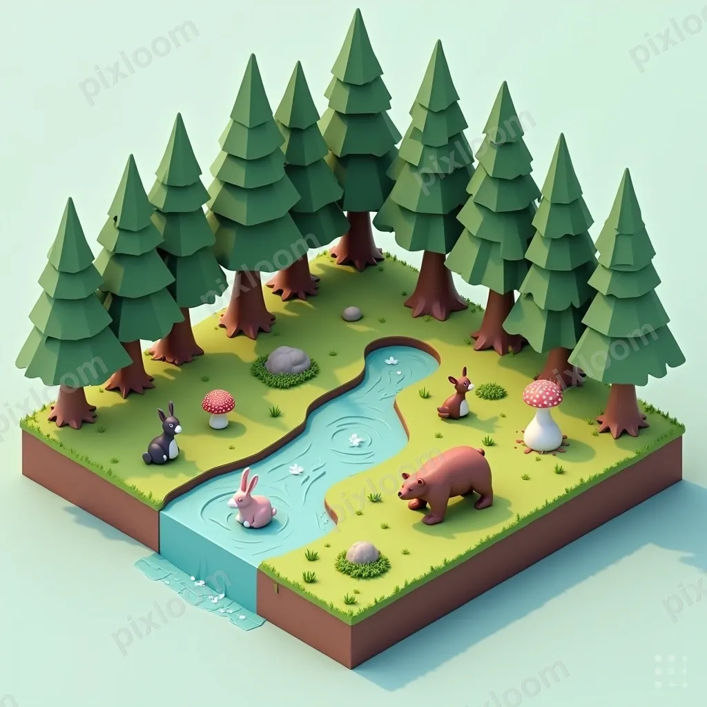 Isometric wildlife scene — forest clearing with bear, rabbit