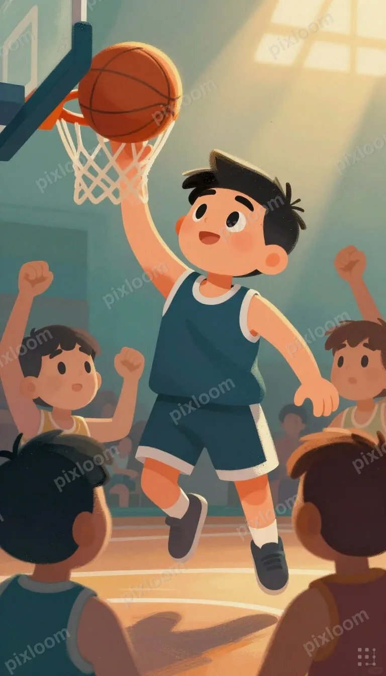 Comic-teens style basketball game scene, player going for a 