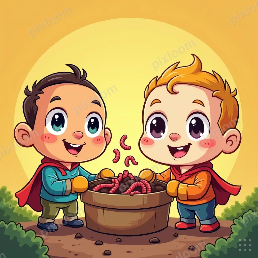 Comic-kids style characters composting food scraps, worms in