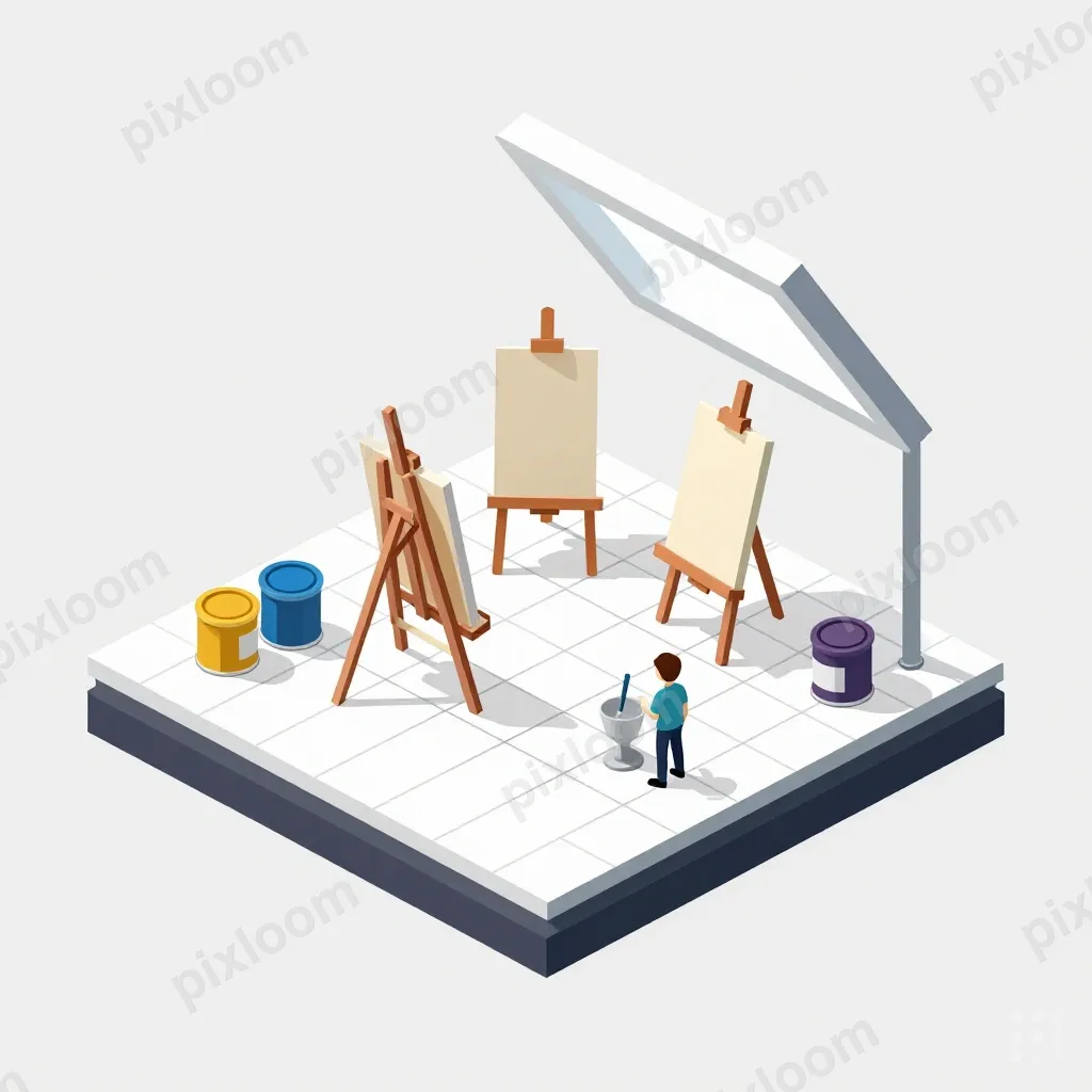 Isometric artist studio with easels, paint cans, tiny creato