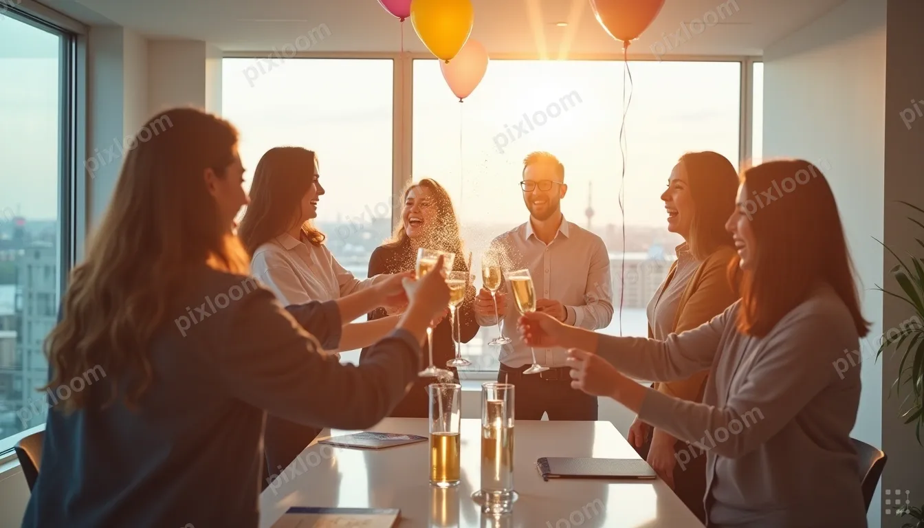 Team celebration in an office, champagne popping, balloons,