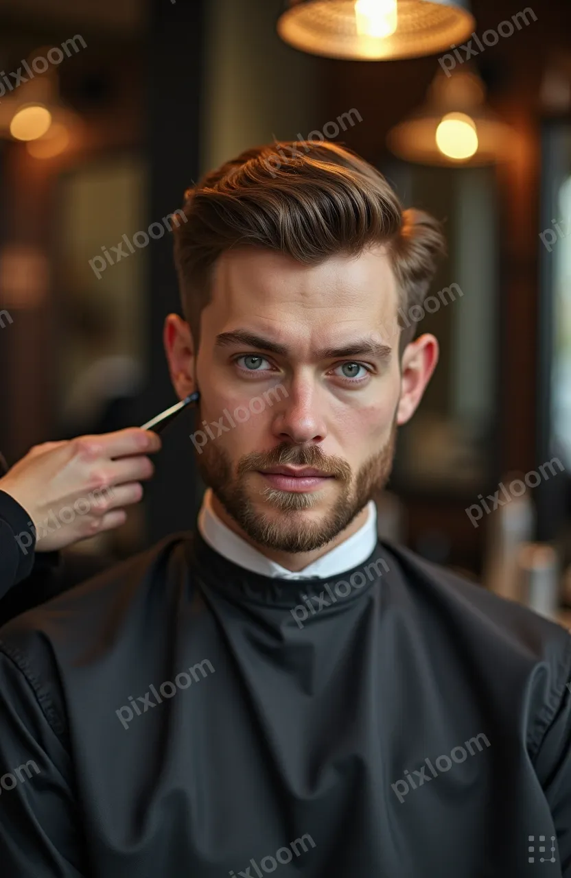 Person getting a haircut at a barbershop, barber focused, mi