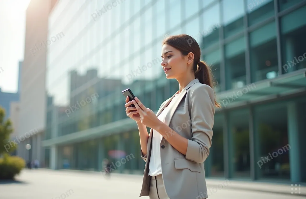 A woman stands outdoors in front of a modern glass office bu