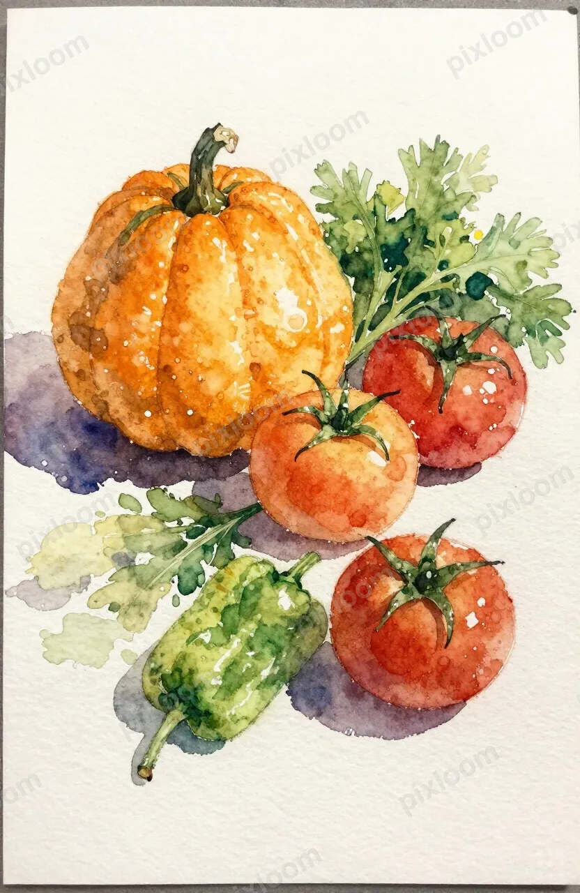 Watercolor still life of seasonal vegetables — squash, tomat