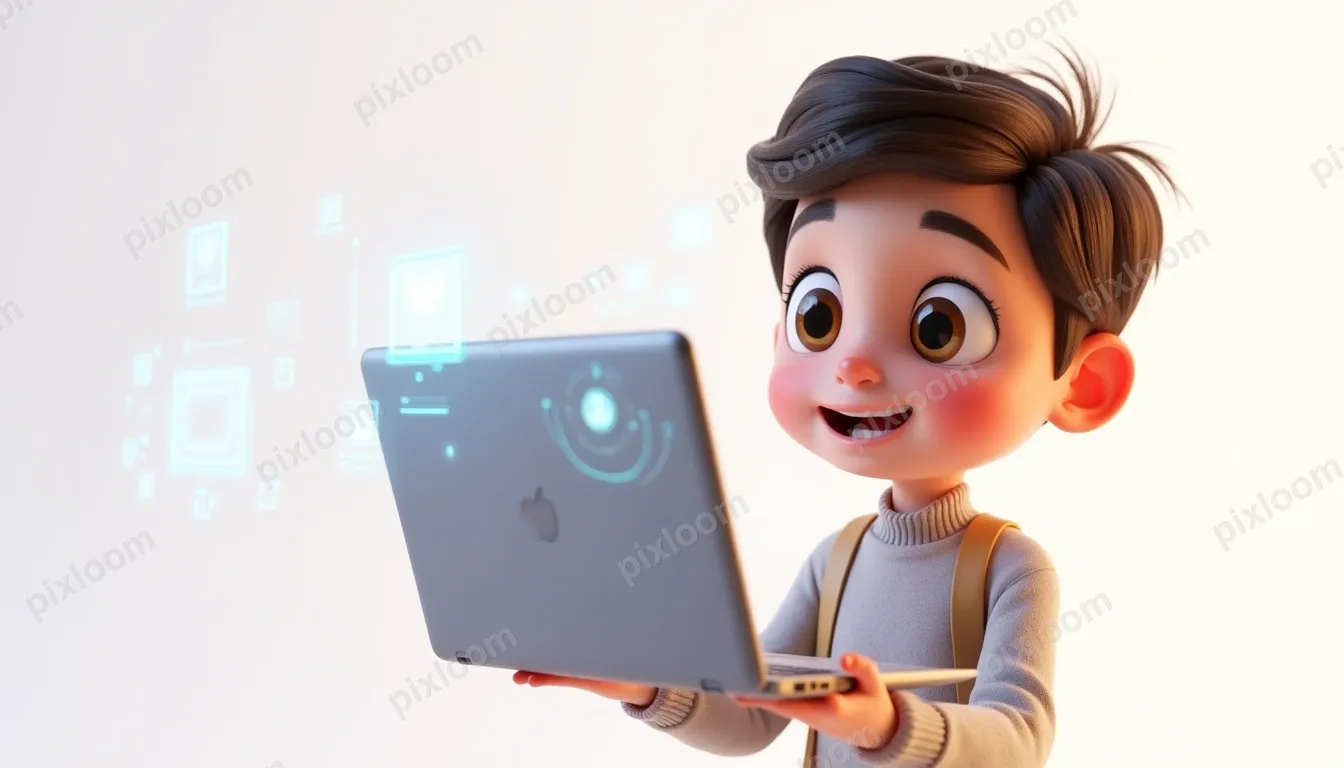 3D rendered floating laptop with holographic UI projections,