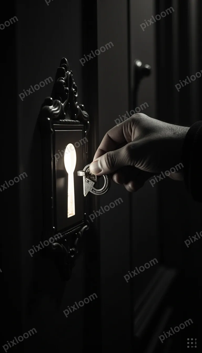 Key turning in an ornate lock, golden light spilling from th