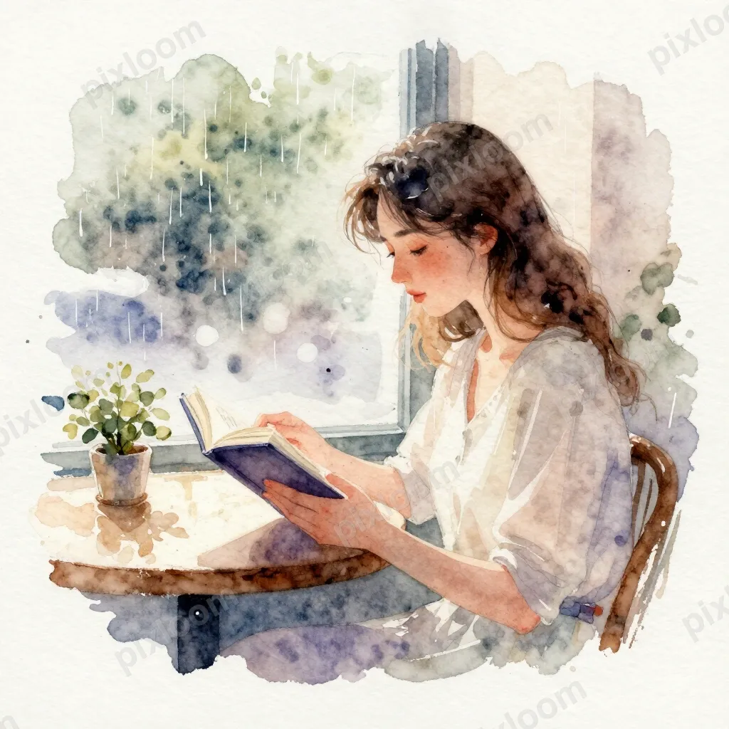 loose watercolor painting of a woman reading in a rainy cafe