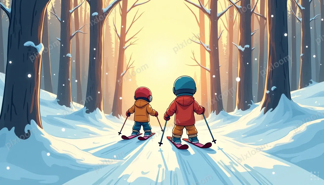 Rear view of a man and a boy skiing downhill through fresh p