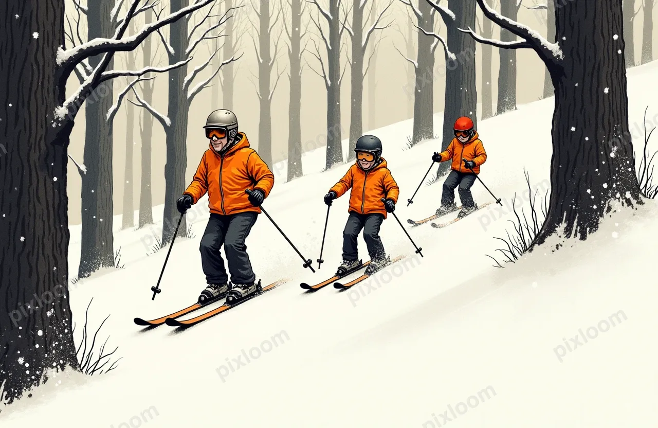 man and boy descend a snow-covered forest trail on fresh pow