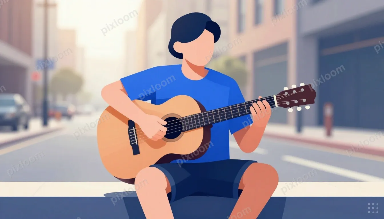 A person sits on a curb of a city street, playing an acousti