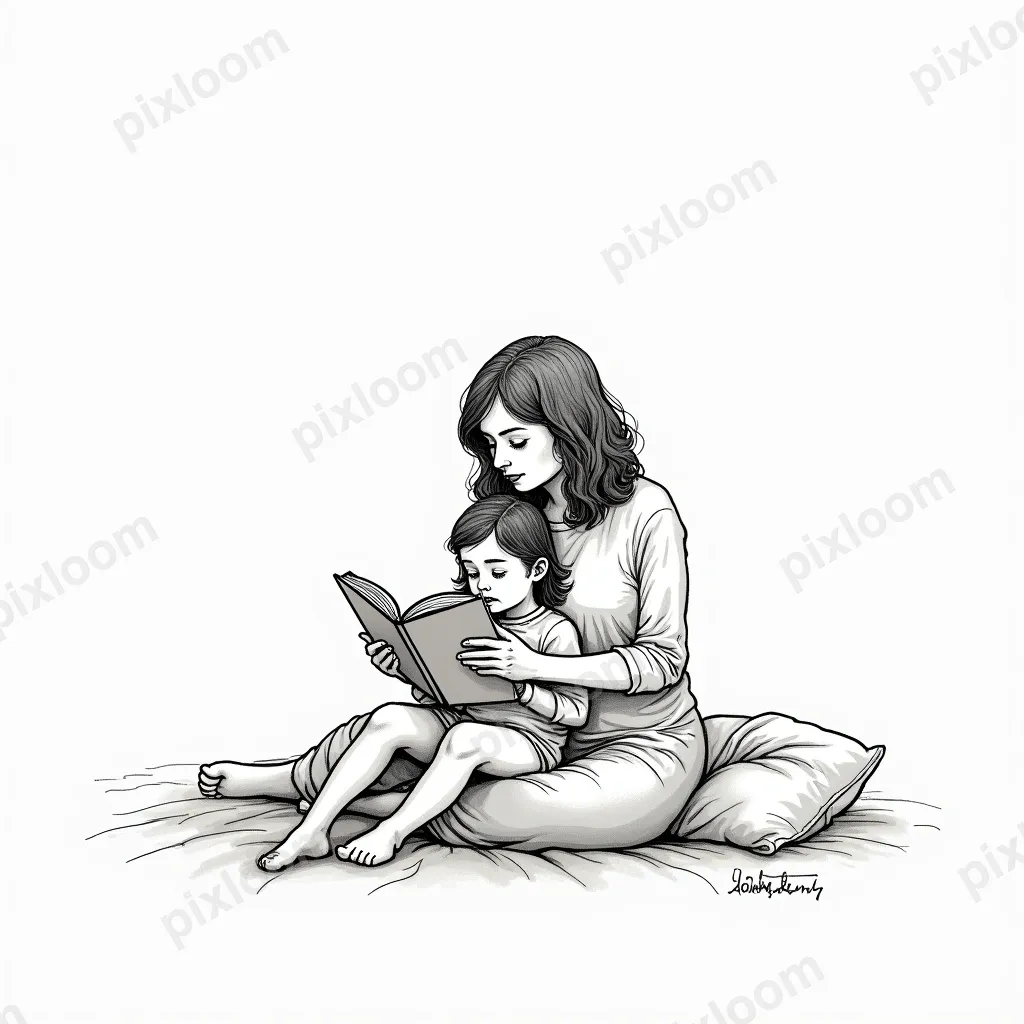 Line art of a mother and child reading together, continuous 