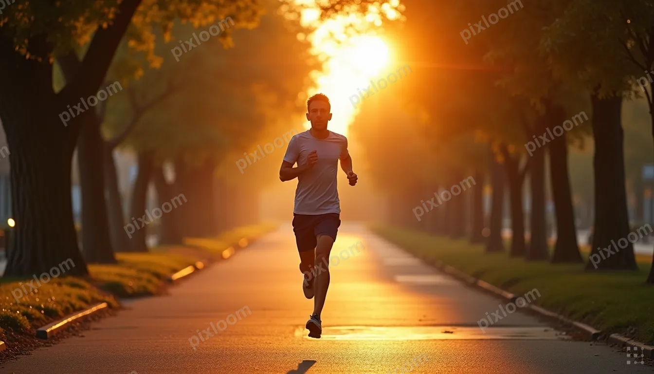 Person jogging on a tree-lined urban path at sunrise, earbud