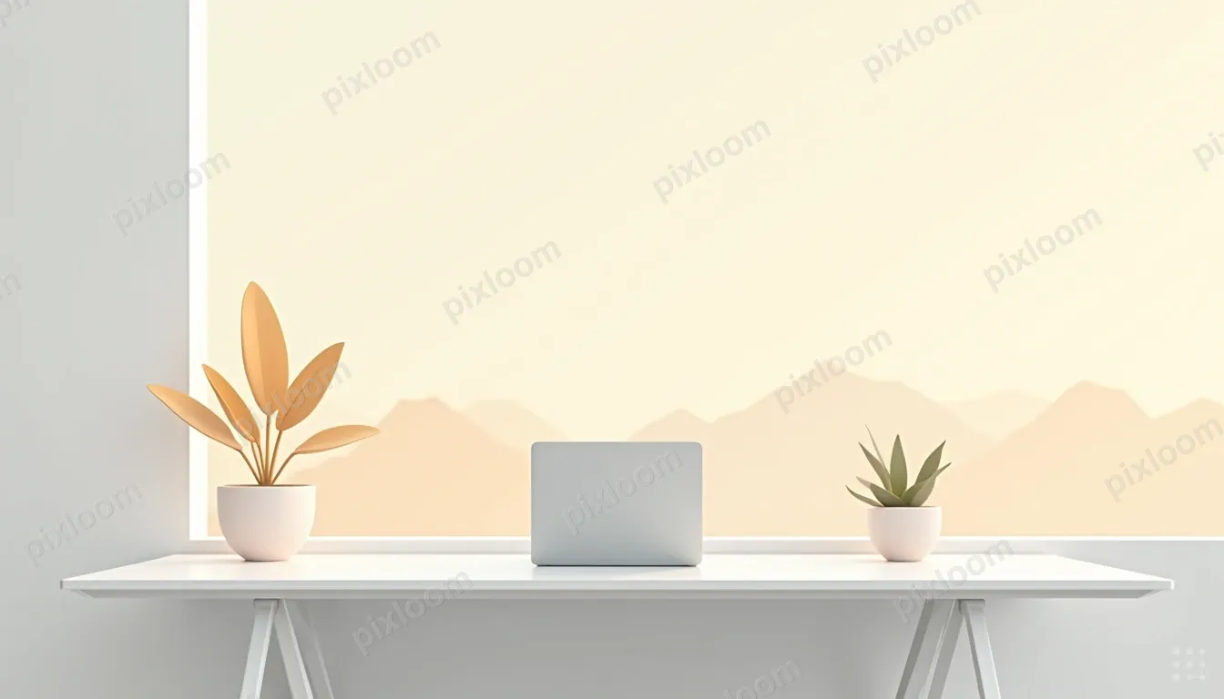 Minimalist workspace with single laptop on clean white desk,