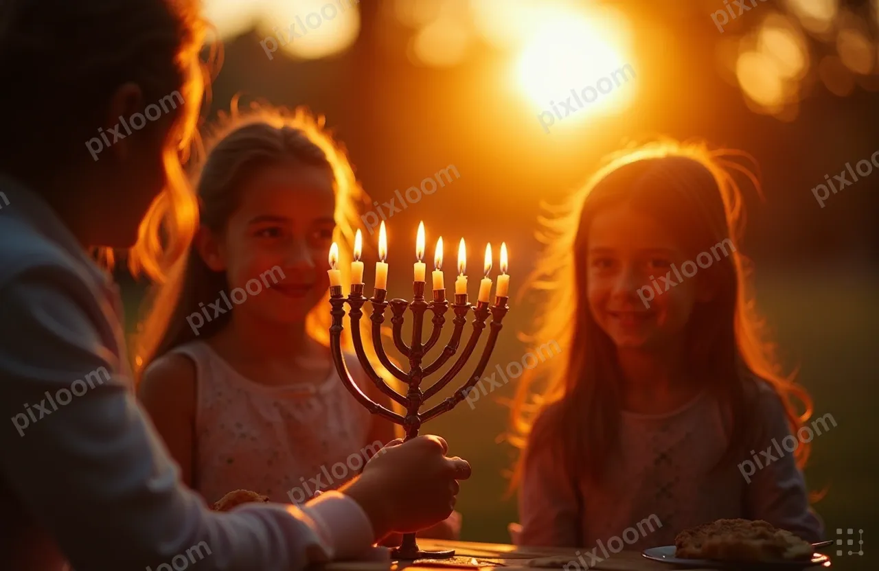 Hanukkah celebration, family lighting menorah, warm glow, ch