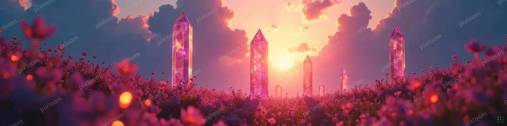 vibrant fantasy landscape, crystal towers reflecting a sunse
