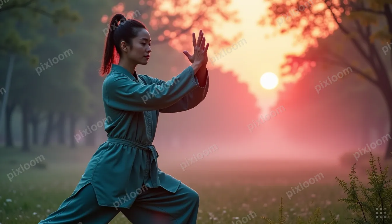 Person practicing tai chi in a park at sunrise, flowing move