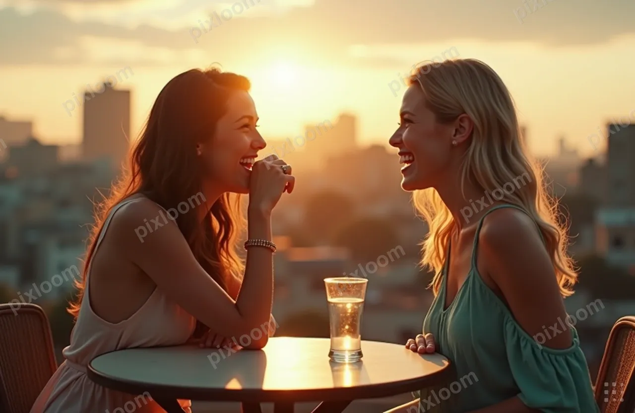 Two friends laughing at a rooftop cafe table, golden hour li