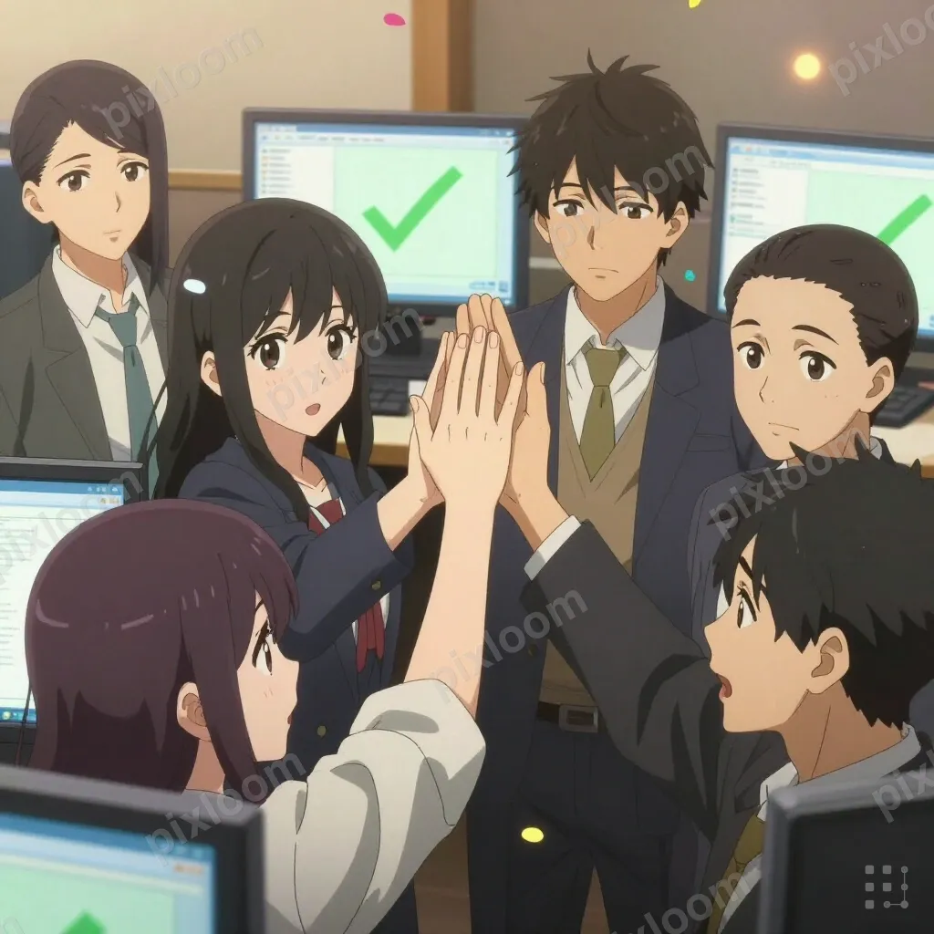 Anime-style startup team high-fiving after deploying, confet