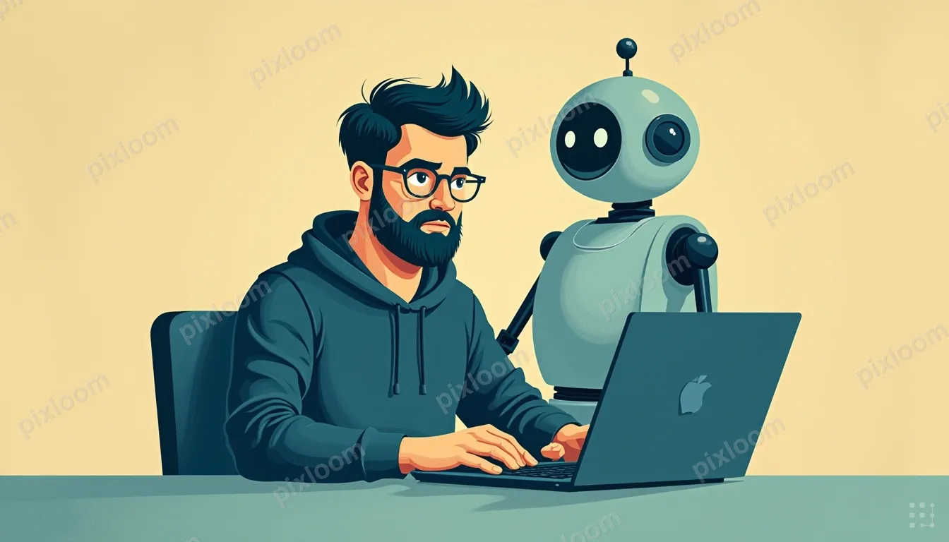 A man with glasses and a beard sits at a desk, typing on a l