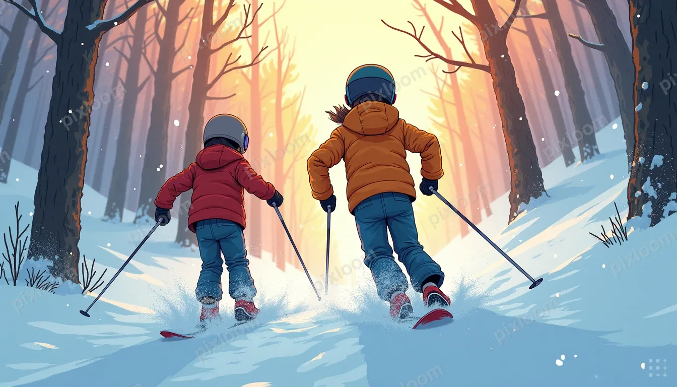 Rear view of a man and a boy skiing downhill through fresh p