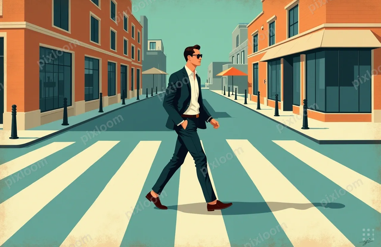 Man in a blazer and pants walks across a striped city crossw