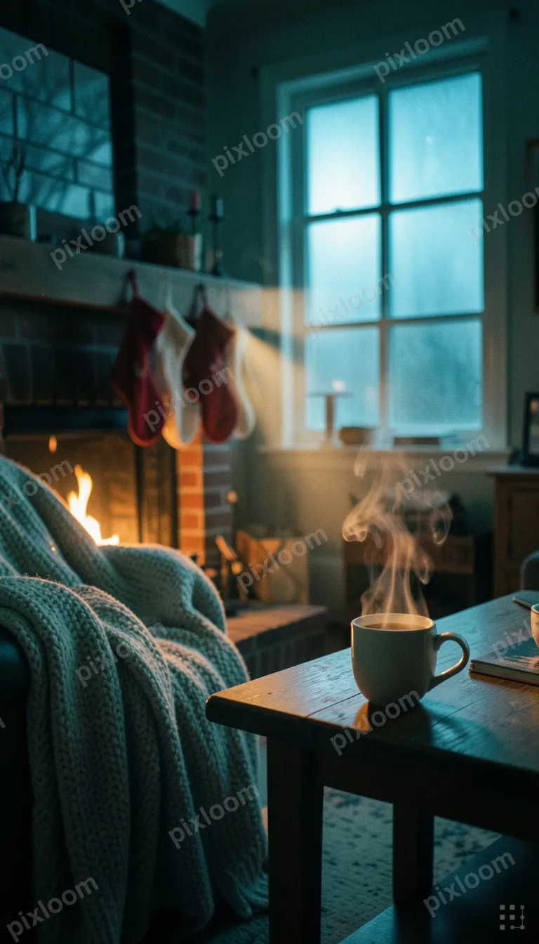 Cozy winter scene — fireplace with stockings, warm blanket, 
