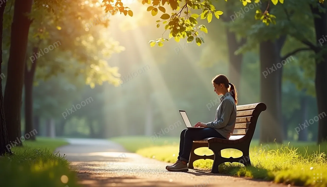 Person on a park bench working on a laptop, trees around, pe