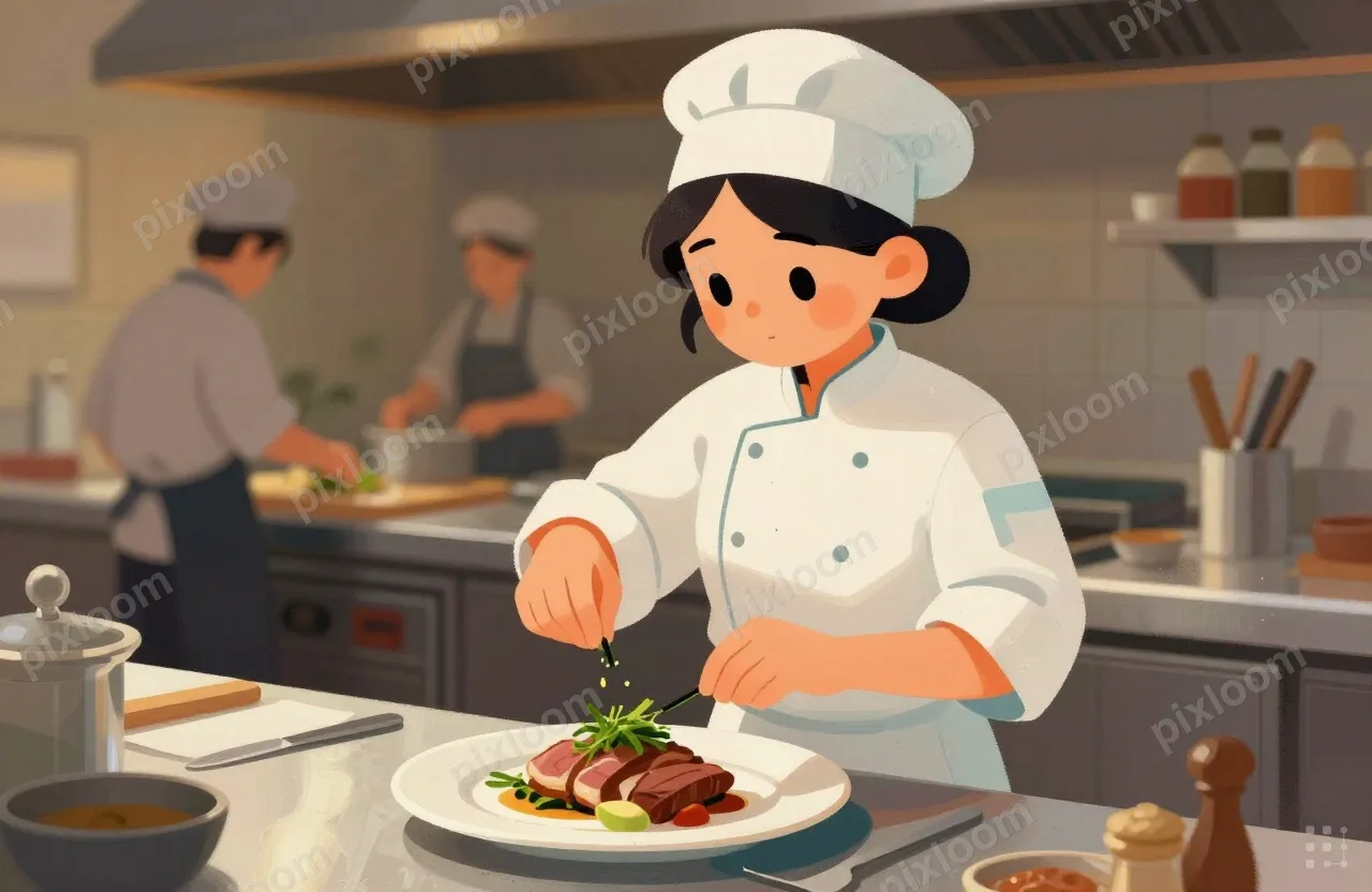A female chef in a chef's jacket and a head wrap garnishes a