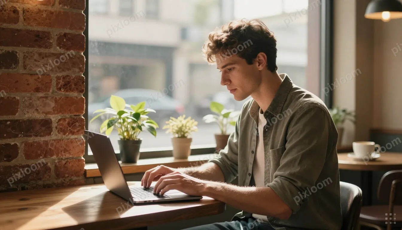 A freelancer working on a laptop at a sunlit coffee shop win