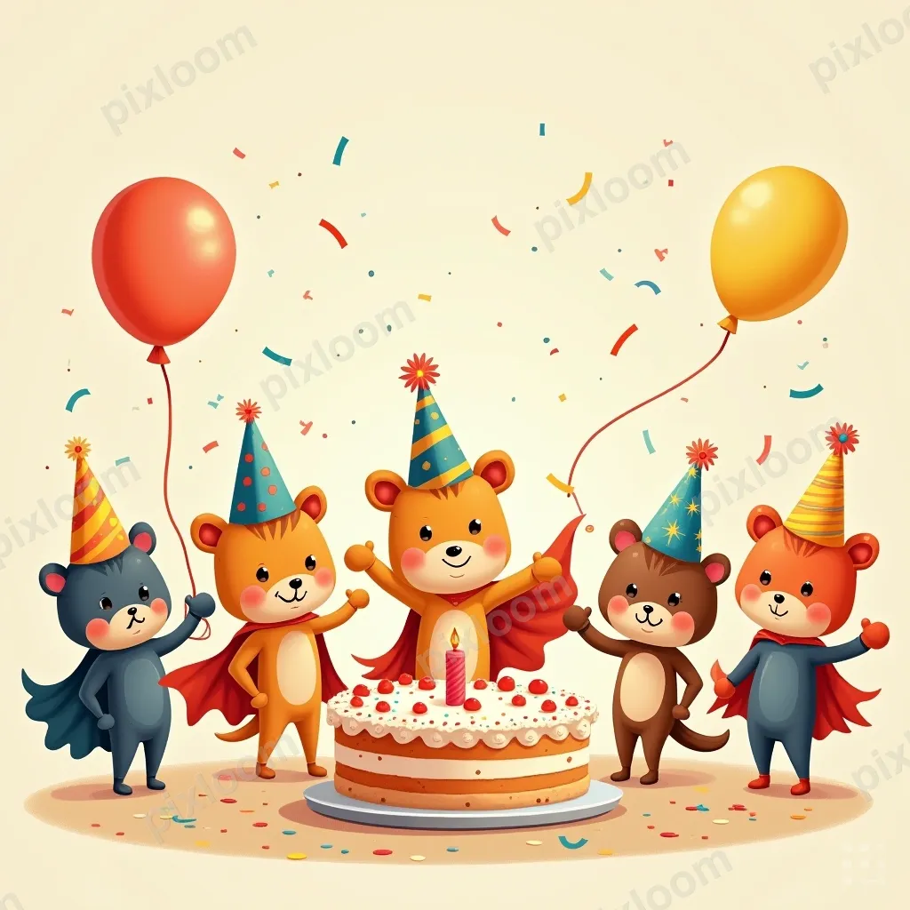 Cartoon birthday party with animal characters wearing party 