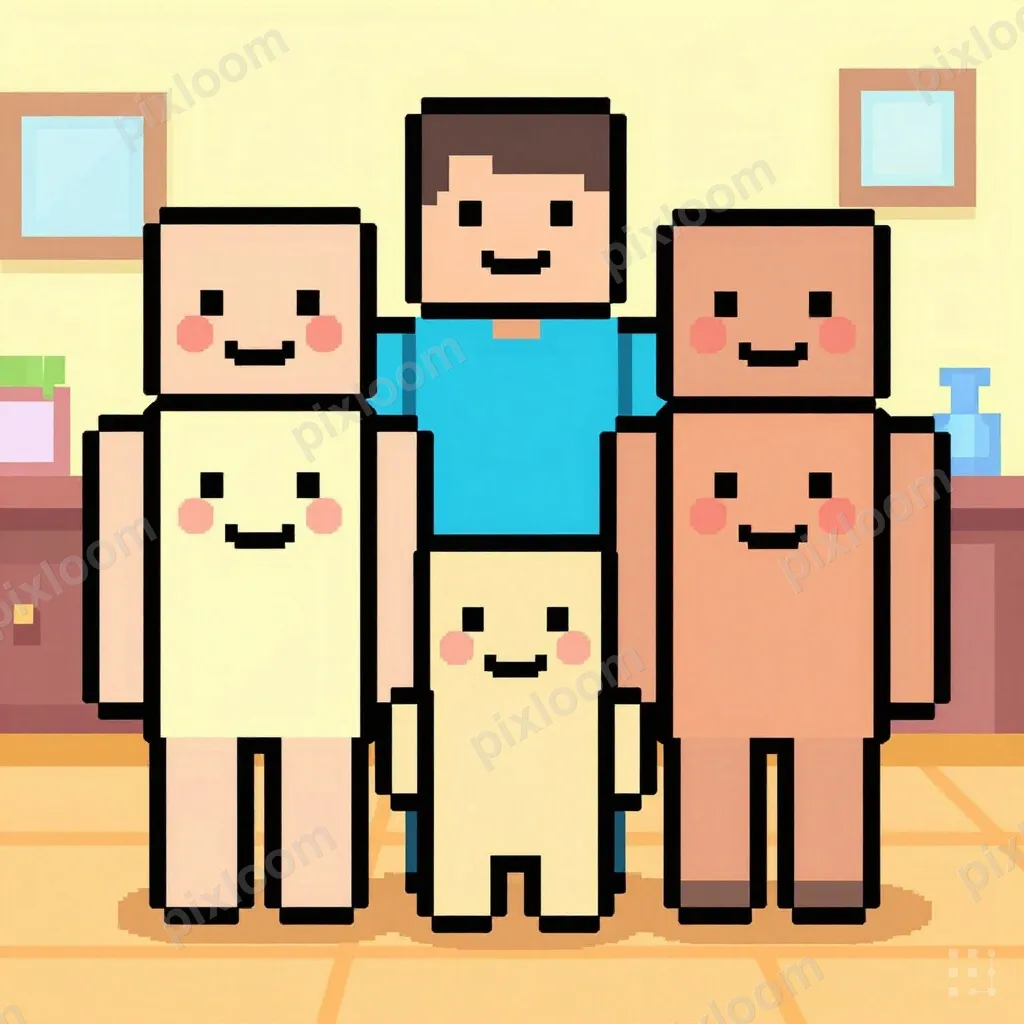 Pixel art family portrait in a cozy home, blocky characters,