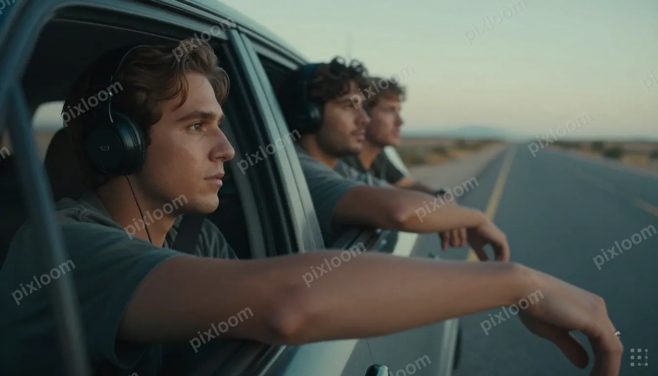 Friends on a road trip, arm out window, music playing, deser