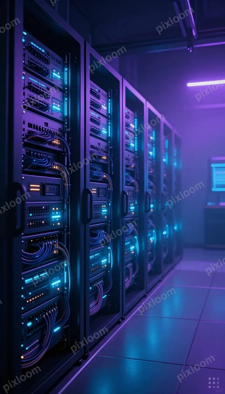 Server room with blue-lit racks, neatly bundled cables, LED 