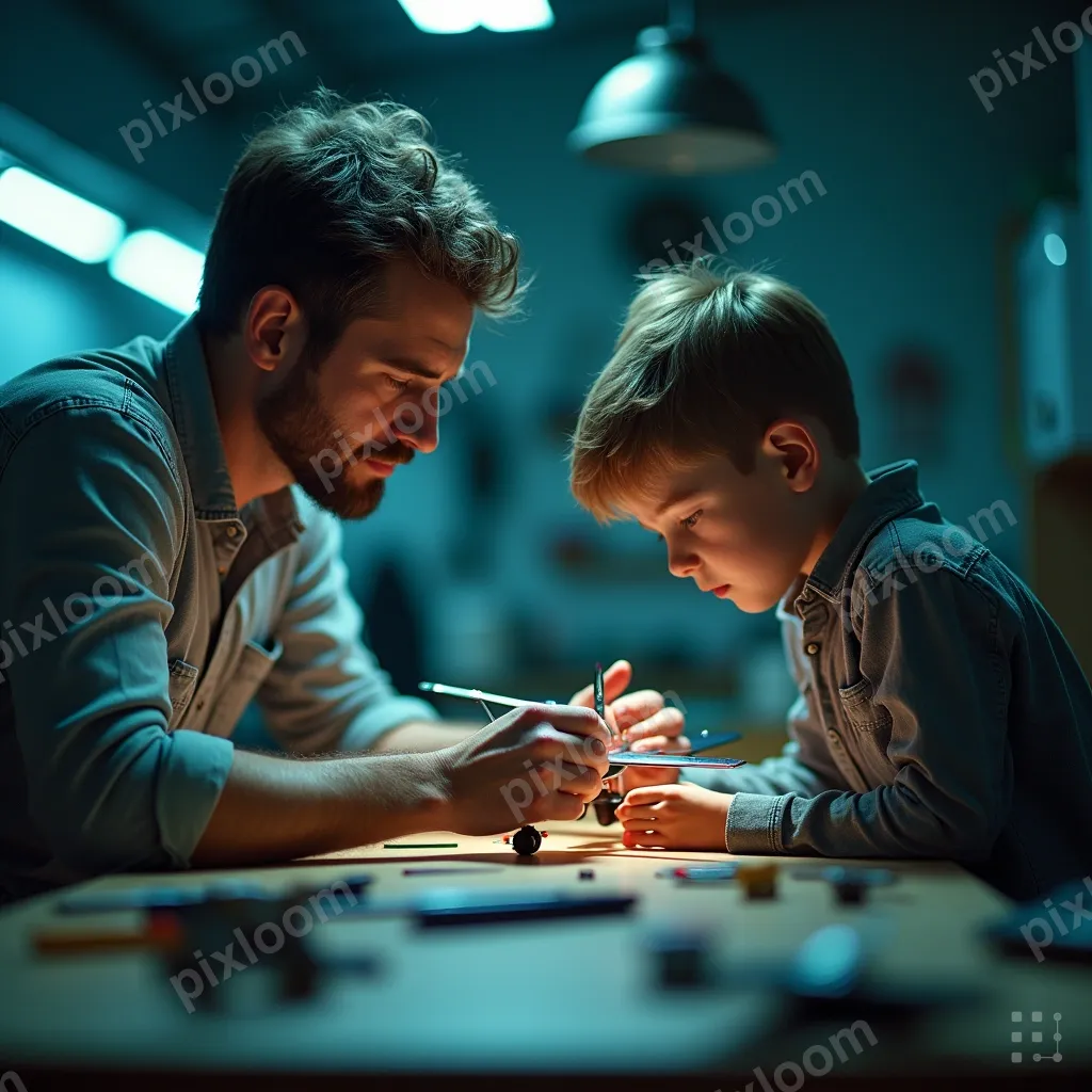 Dad and son building a model airplane at a workbench, tools 