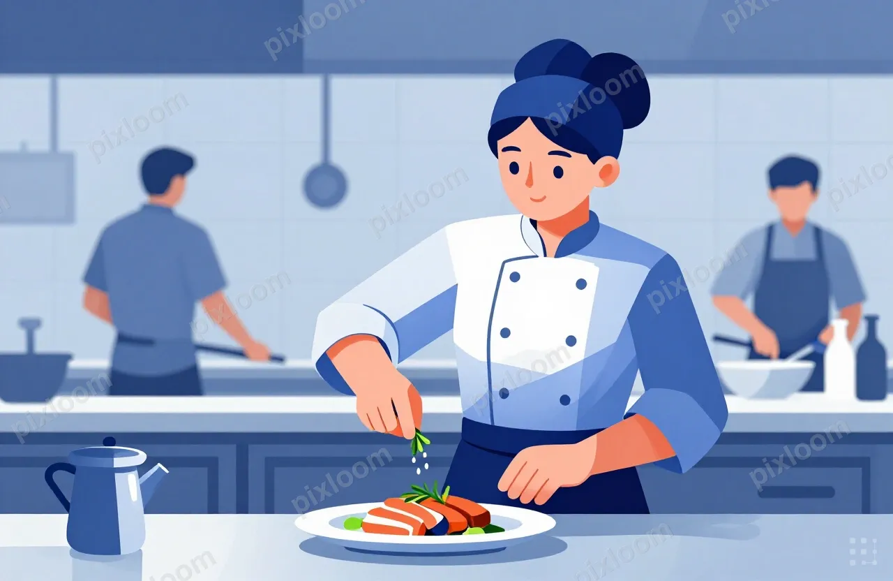 A female chef in a chef's jacket and a head wrap garnishes a