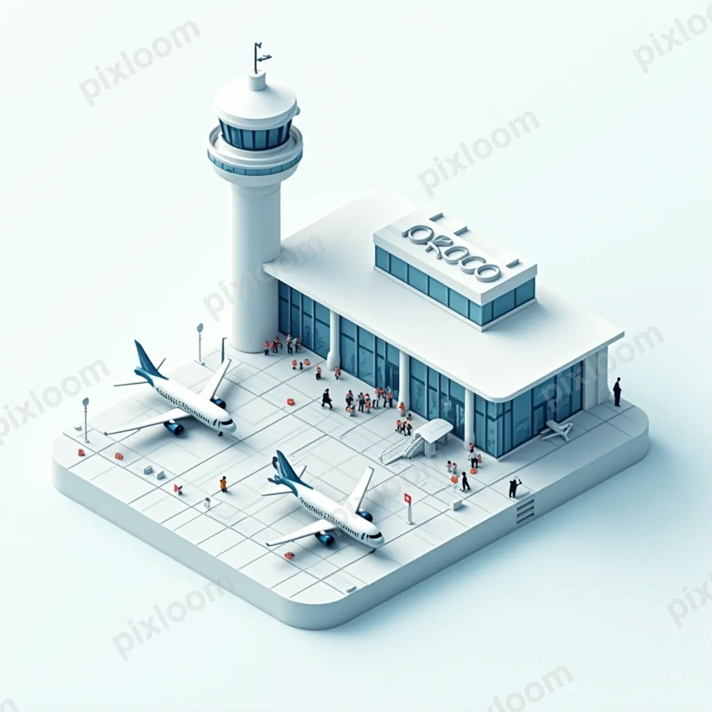 Isometric airport terminal with tiny planes, passengers, bag
