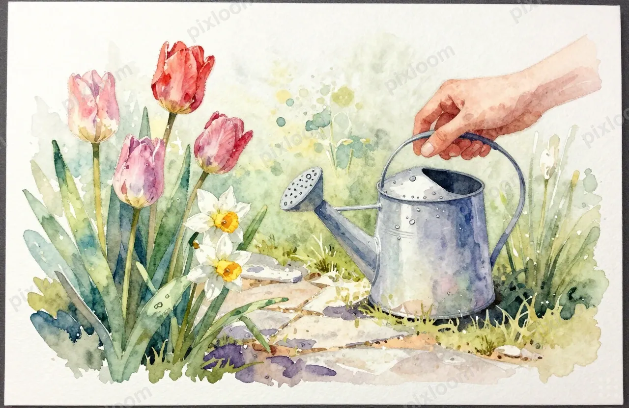Watercolor spring garden with tulips, daffodils, watering ca