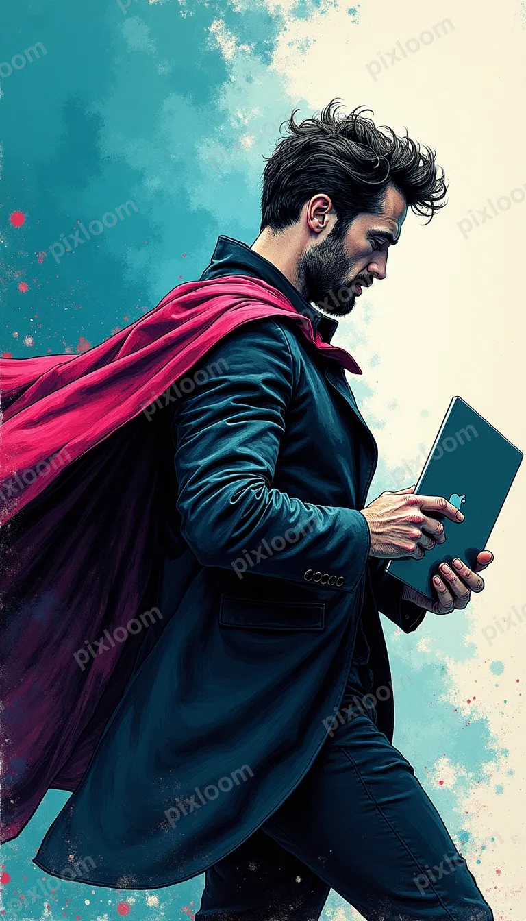 Pulp comic style entrepreneur in action pose, laptop under a