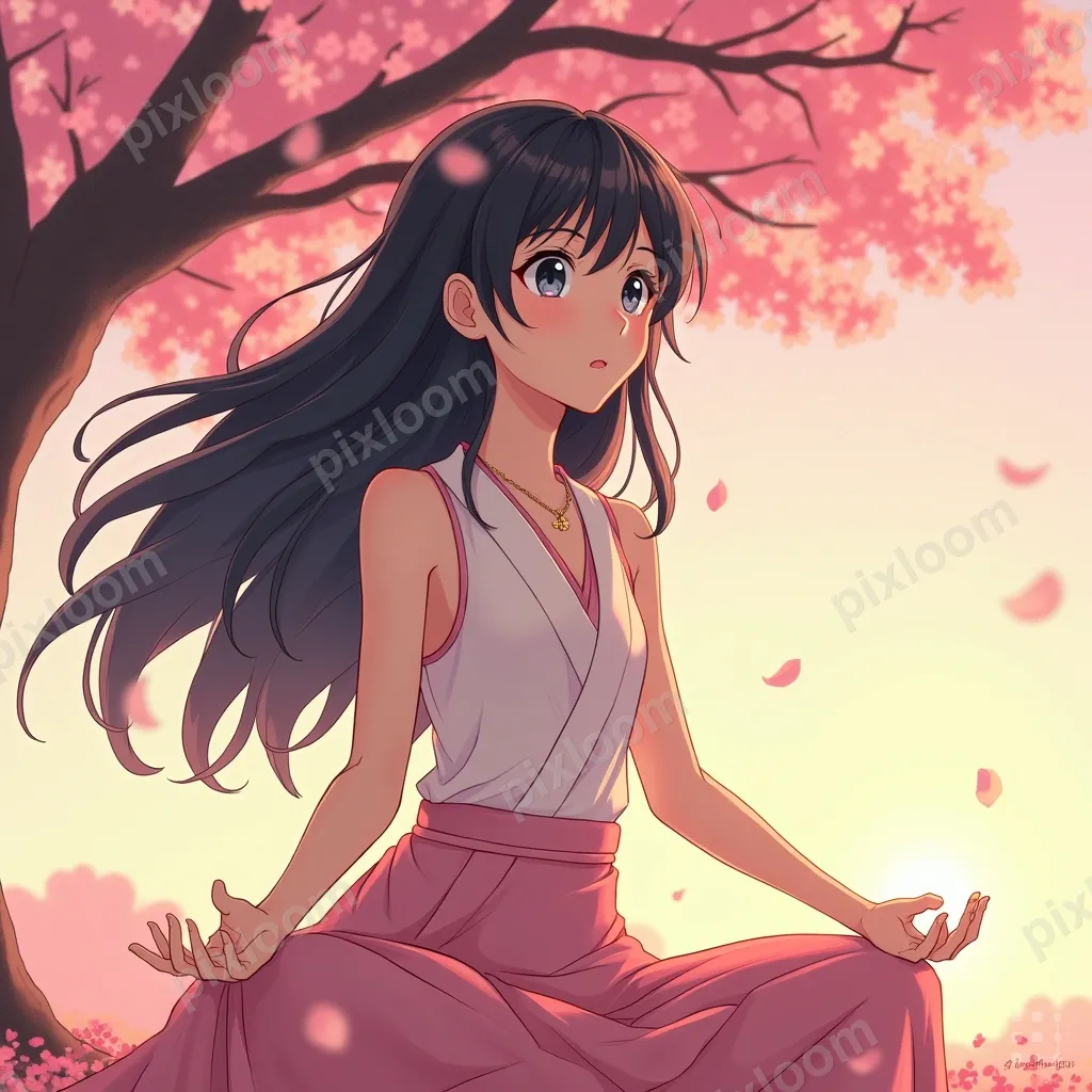 Anime character meditating under a blooming cherry tree, pet