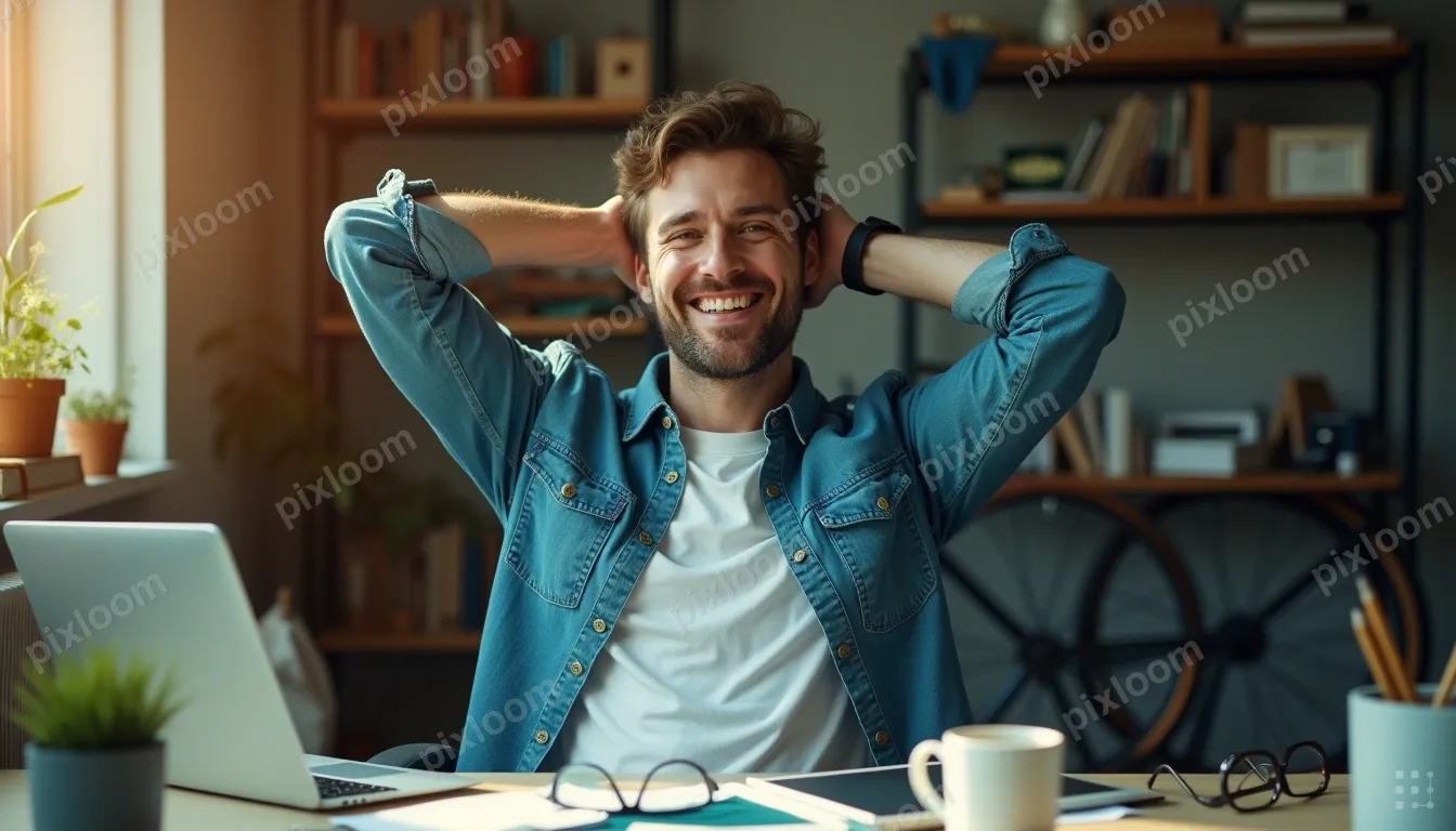 Man sits at a cluttered office desk, arms behind his head, s