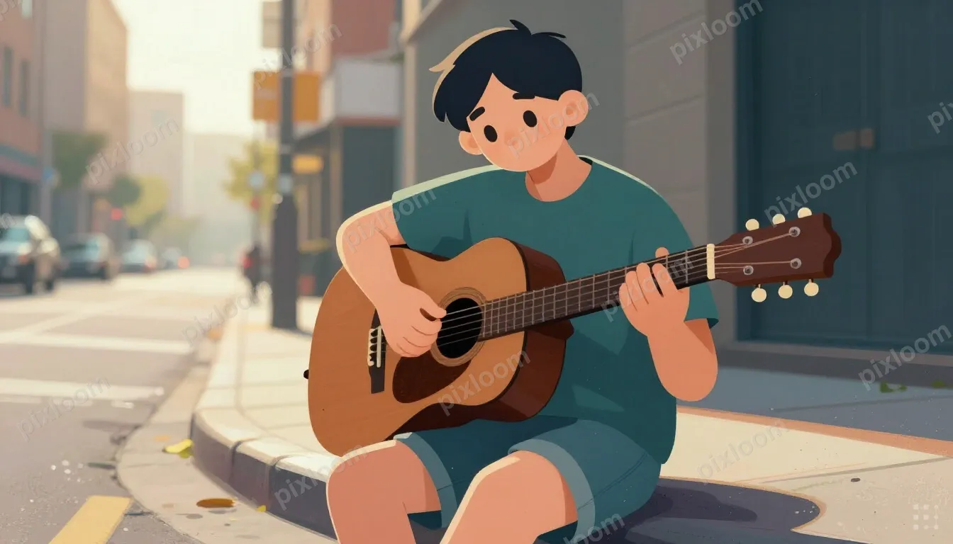 A person sits on a curb of a city street, playing an acousti