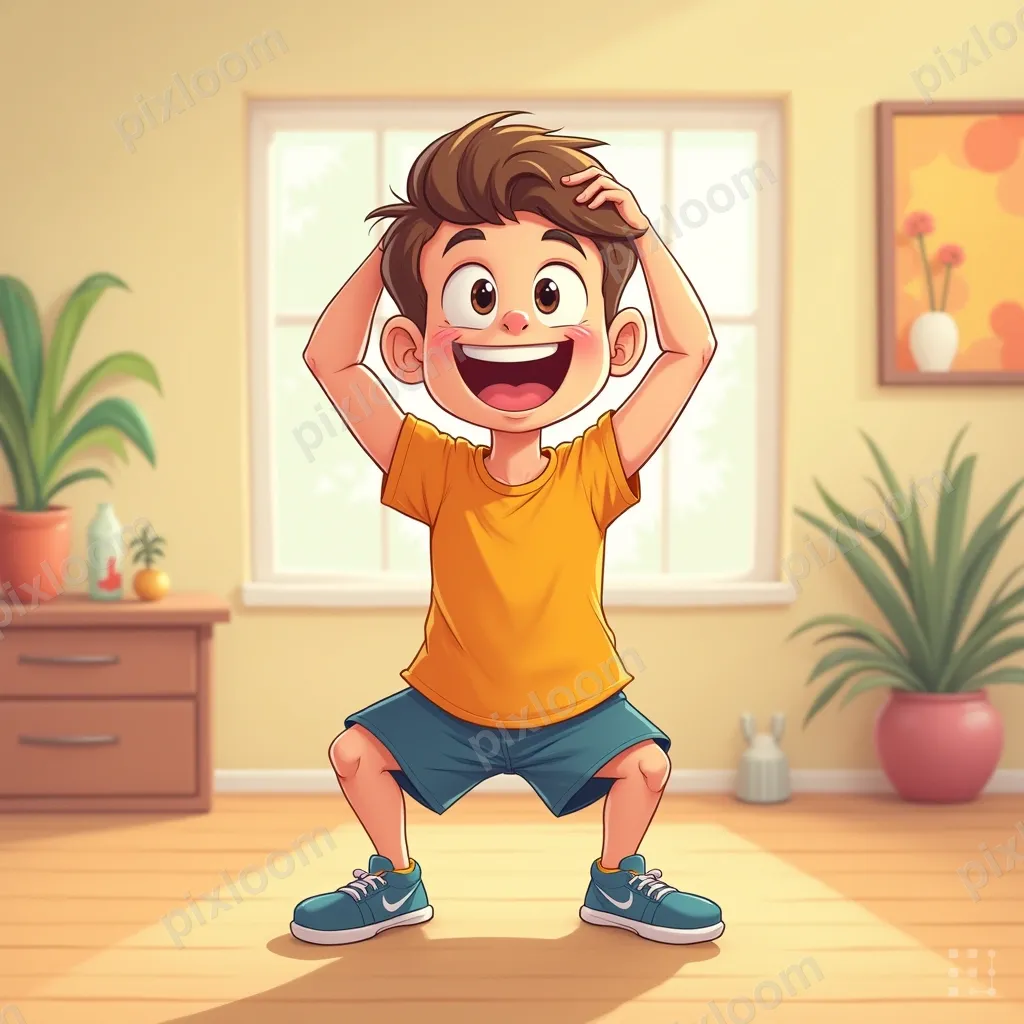 Cartoon character doing stretching exercises, cheerful expre