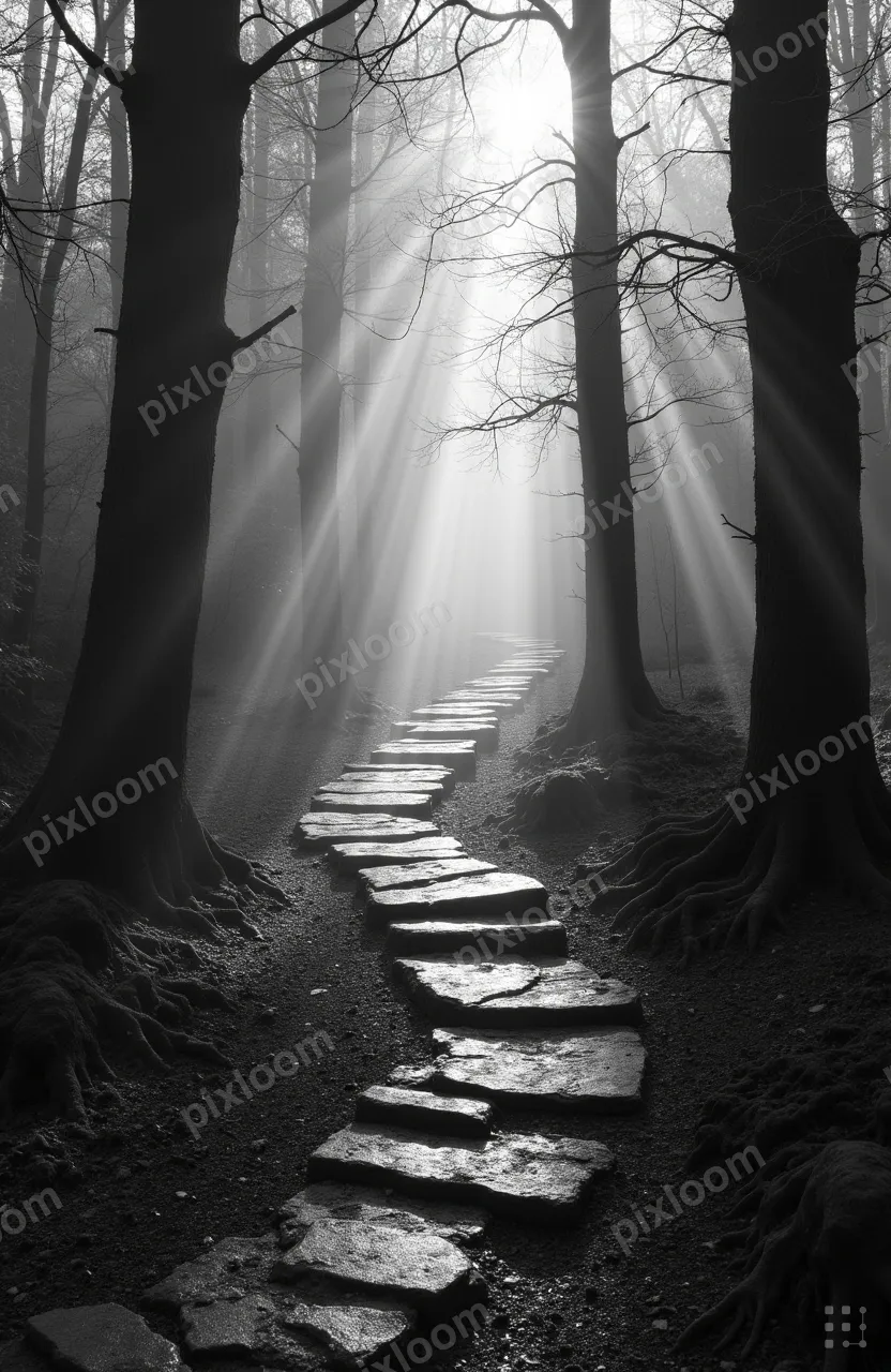 Moss-covered stone path through ancient woodland, shafts of 