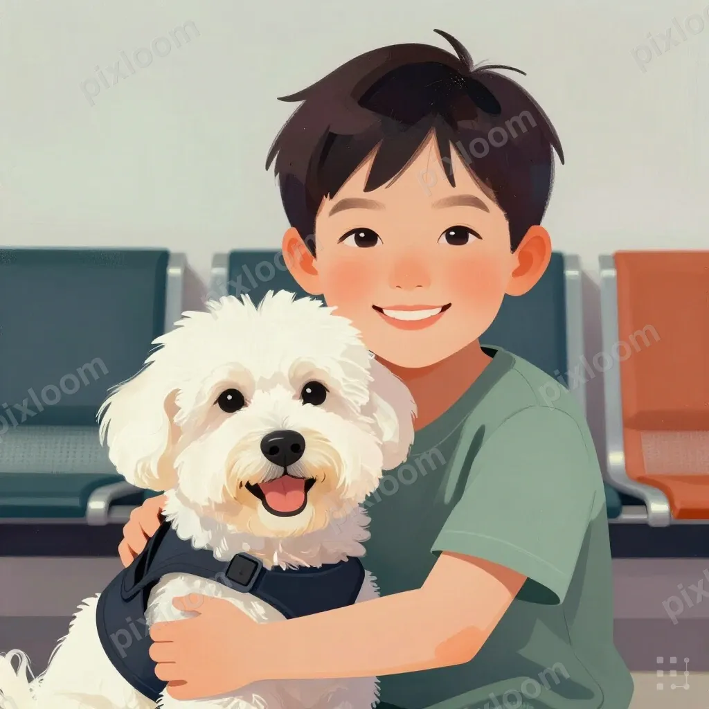 Child hugging a therapy dog, big smile, comfort animal vest,