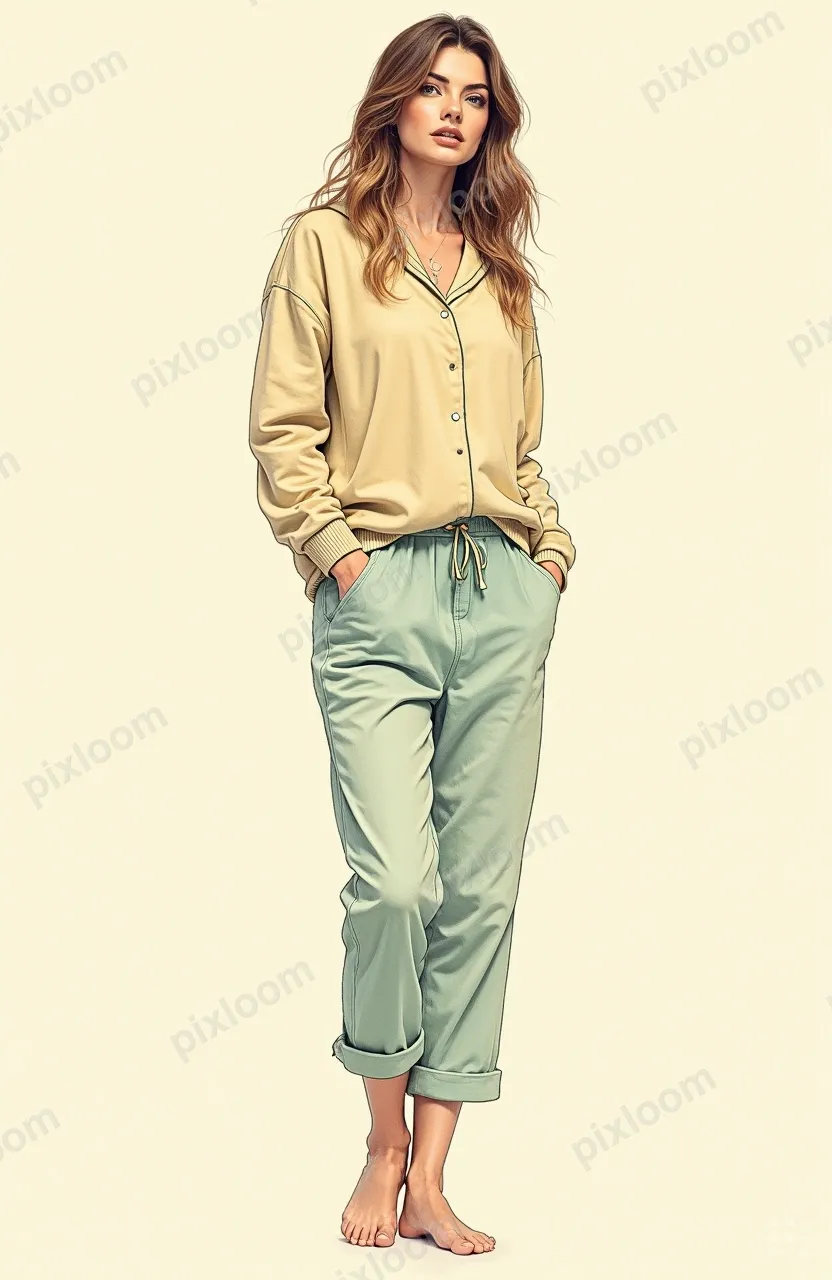 Fashion sketch of a person in comfortable loungewear, relaxe